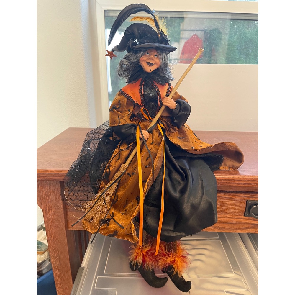 Halloween Shelf Sitter Witch Doll Rare Orange Black Sequin Decor with Broom